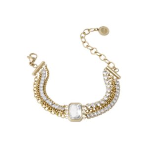 Bracciale Liu Jo LJ3089 da donna in acciaio oro gold con design multicatena, pietra centrale luminosa e chiusura a moschettone. Lunghezza 20 cm.