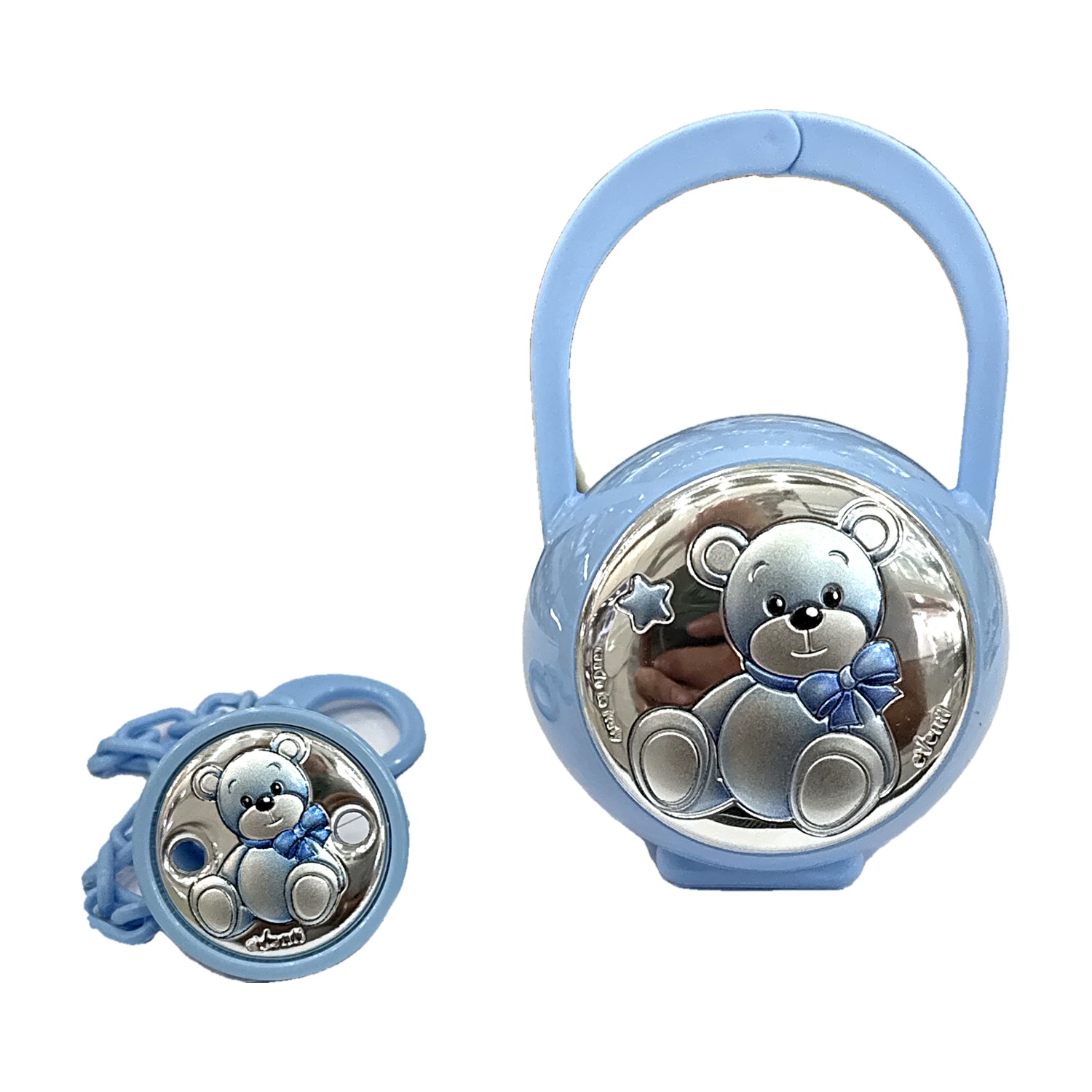 Set portaciuccio EV3464/01C scatola e catenella Orso fiocco celeste