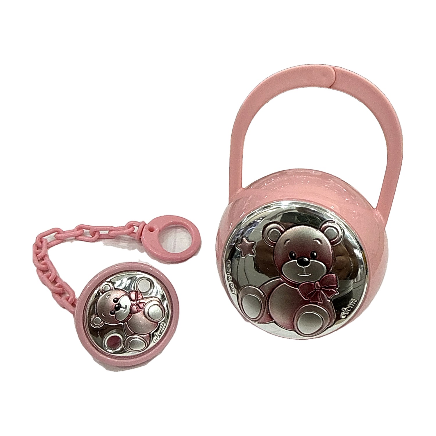 Set portaciuccio EV3464/01R scatola e catenella Orso fiocco rosa